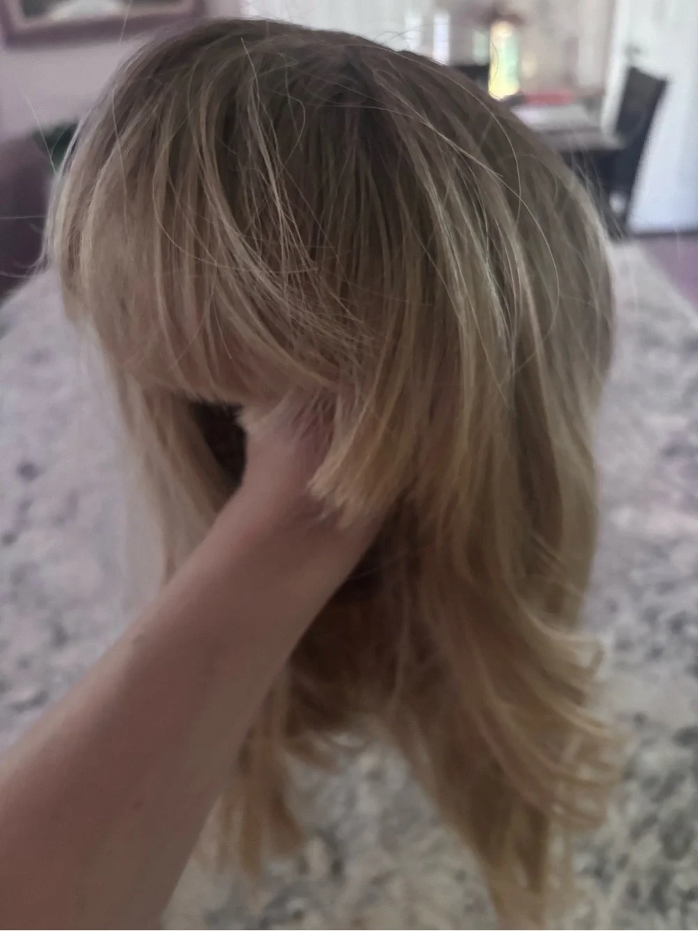 Title: Blonde Bob Wig Dark Roots Side Bangs Gently Worn